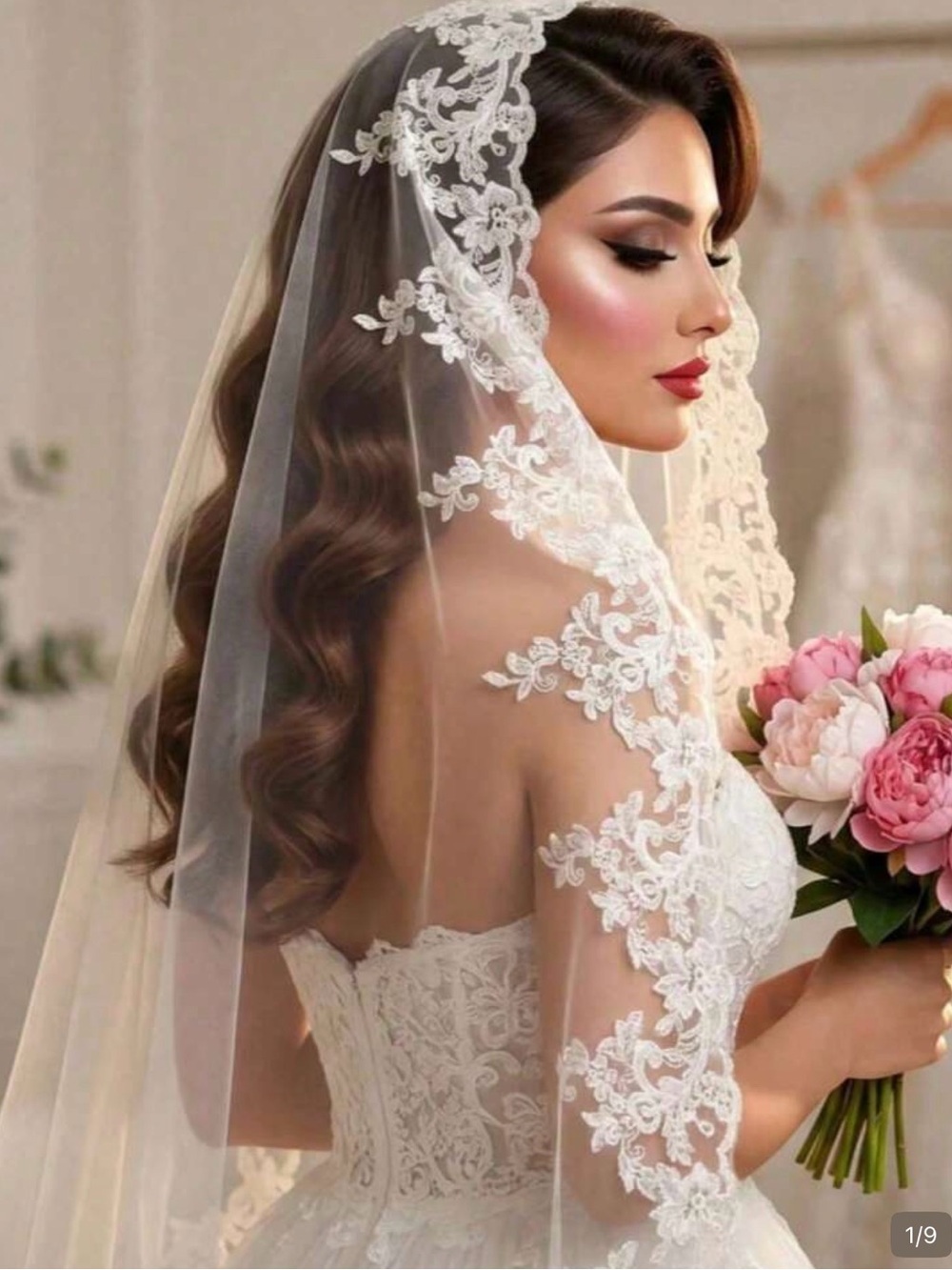 SHEIN White Lace Off-Shoulder Bridal Gown with Veil